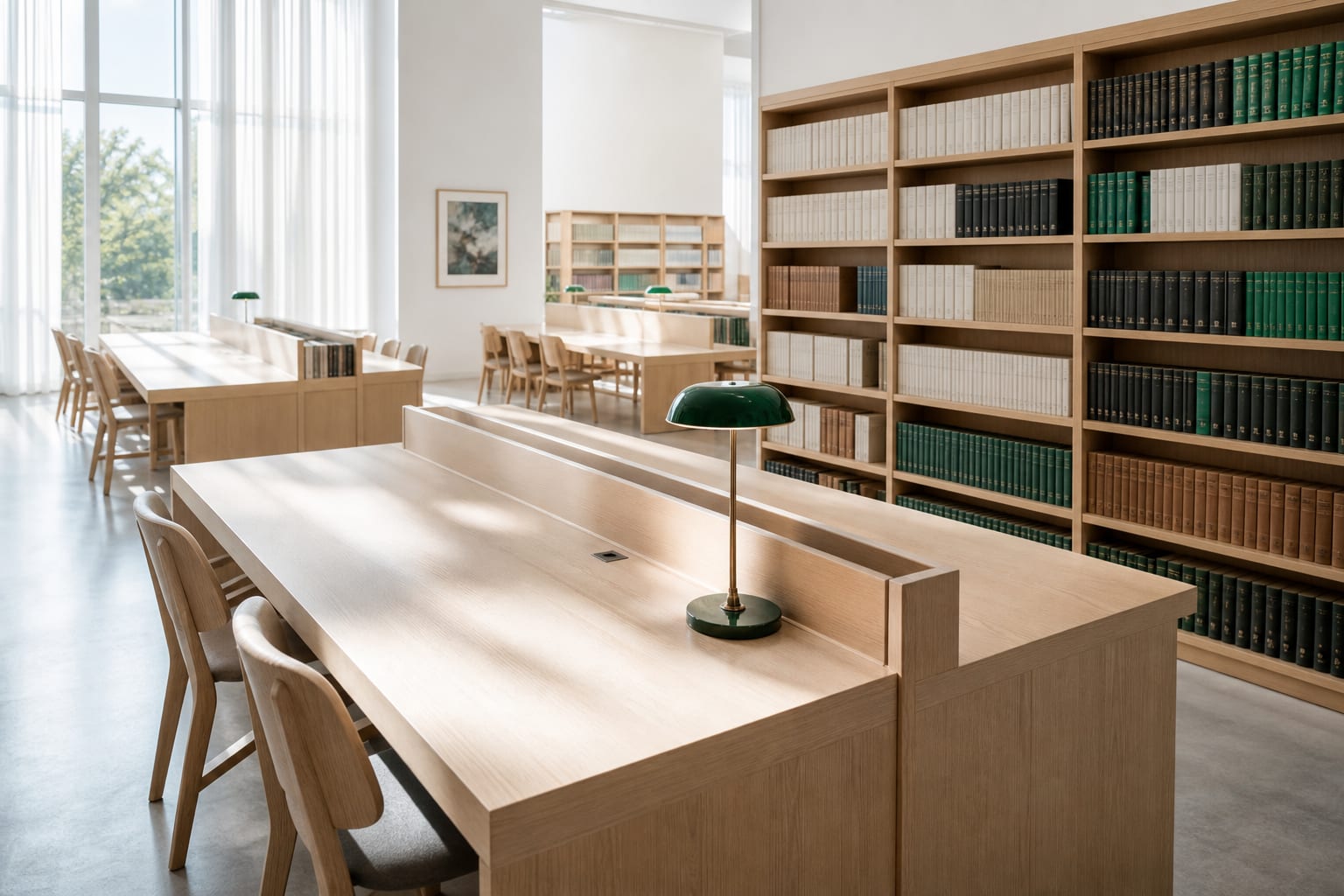 Bright research-library reading room with long tables, shelved volumes, and green-shaded lamps